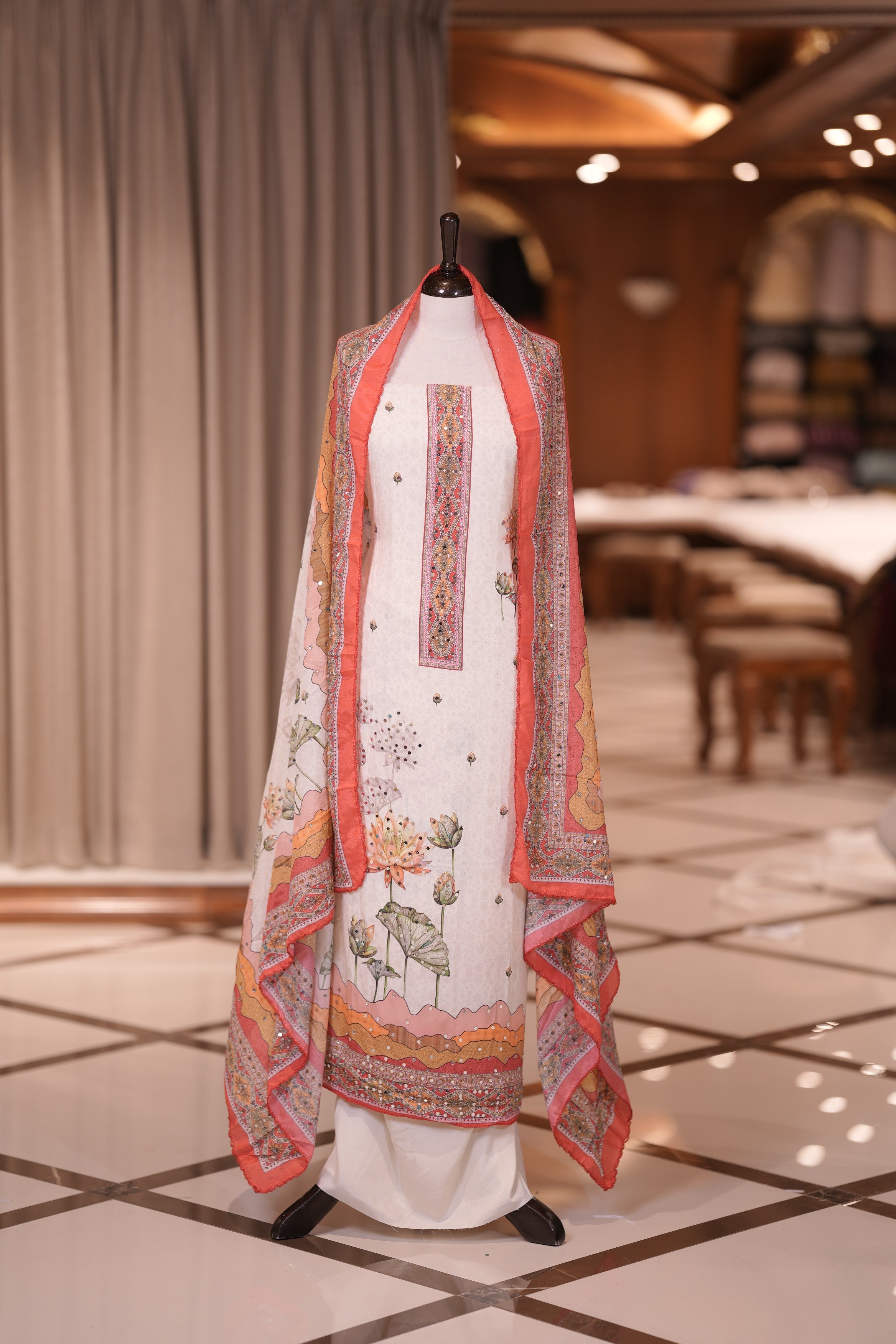 Red Colour Crepe Material Top Embellished with Elegant Lotus Print and Mirror Work, Paired with a Matching Designed Dupatta and Plain Bottom