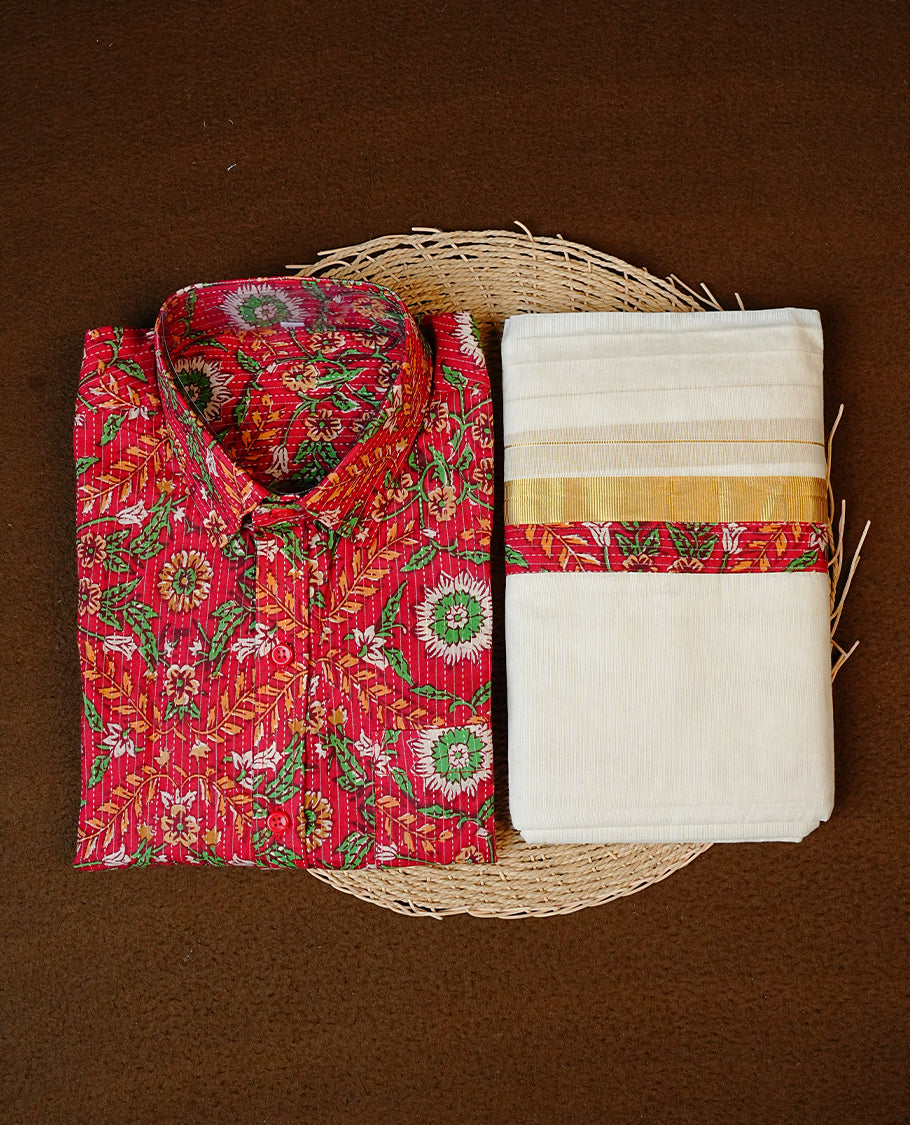 Red Colour full sleeve Shirt With floral Kodi Prints ,paired with Cotton Double dhoti Having Matching prints