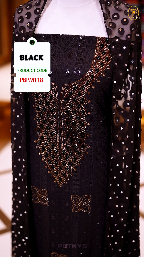 Black colour georgette partywear churidhar material featuring intricate stone and beadwork on the top, paired with a plain bottom and a mirror worked dupatta.