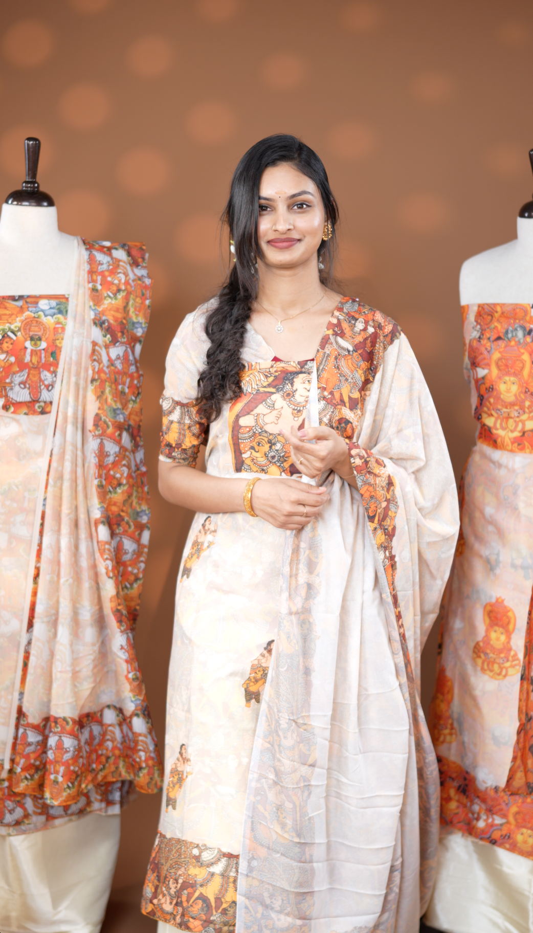 Cream colour salwar material Featuring Indian Art forms Print on body, paired with matching bottom & Elegant Dupatta.
