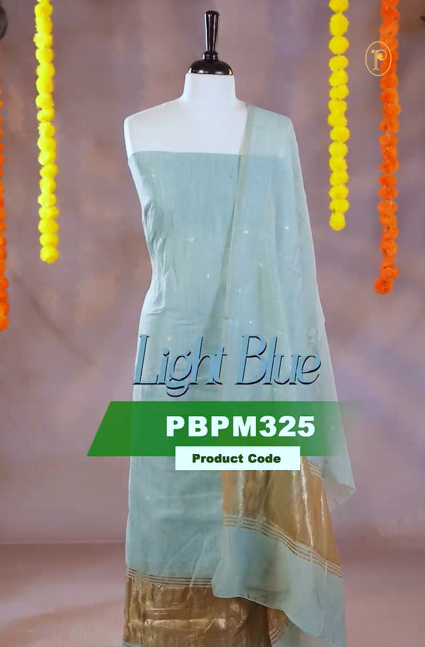 Light blue colour Mul Chanderi Salwar Material Featuring Gold zari buttas on body and Gold zari border, Same mul chanderi Zari buttas Dupatta, comes with santoon bottom.