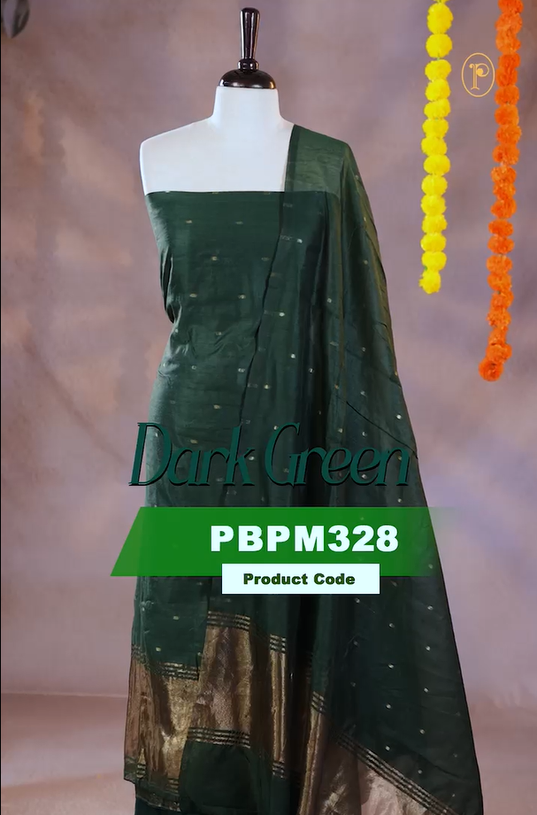 Dark Green colour Mul Chanderi Salwar Material Featuring Gold zari buttas on body and Gold zari border, Same mul chanderi Zari buttas Dupatta, comes with santoon bottom.