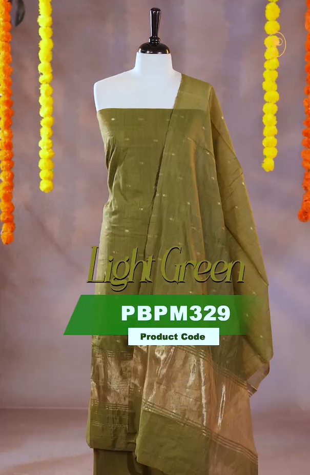 Light Green colour Mul Chanderi Salwar Material Featuring Gold zari buttas on body and Gold zari border, Same mul chanderi Zari buttas Dupatta, comes with santoon bottom.