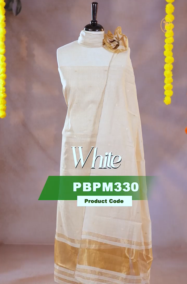 White colour Mul Chanderi Salwar Material Featuring Gold zari buttas on body and Gold zari border, Same mul chanderi Zari buttas Dupatta, comes with santoon bottom.