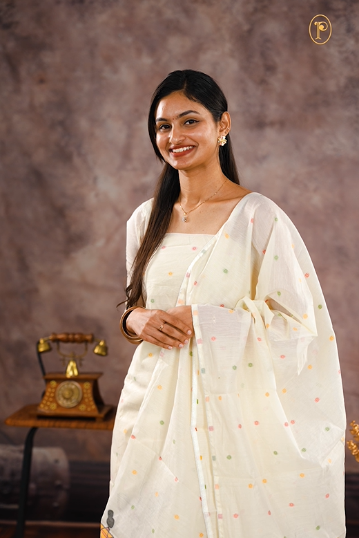Cream colour Chanderi Salwar featuring Multicolour Jamdani warli print, Matching dupatta with matching buttas with neat piping detailing.