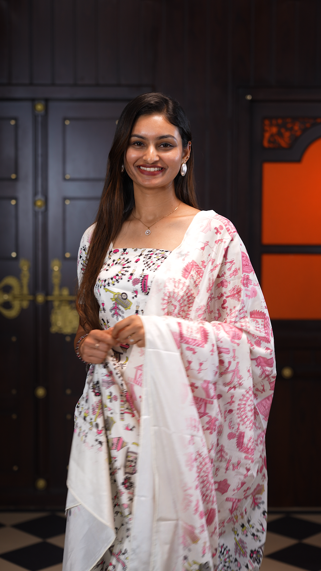 RaniPink colour Semi silk salwar material featuring Warli print on body, paired with same material with same print dupatta and santoon material bottom.