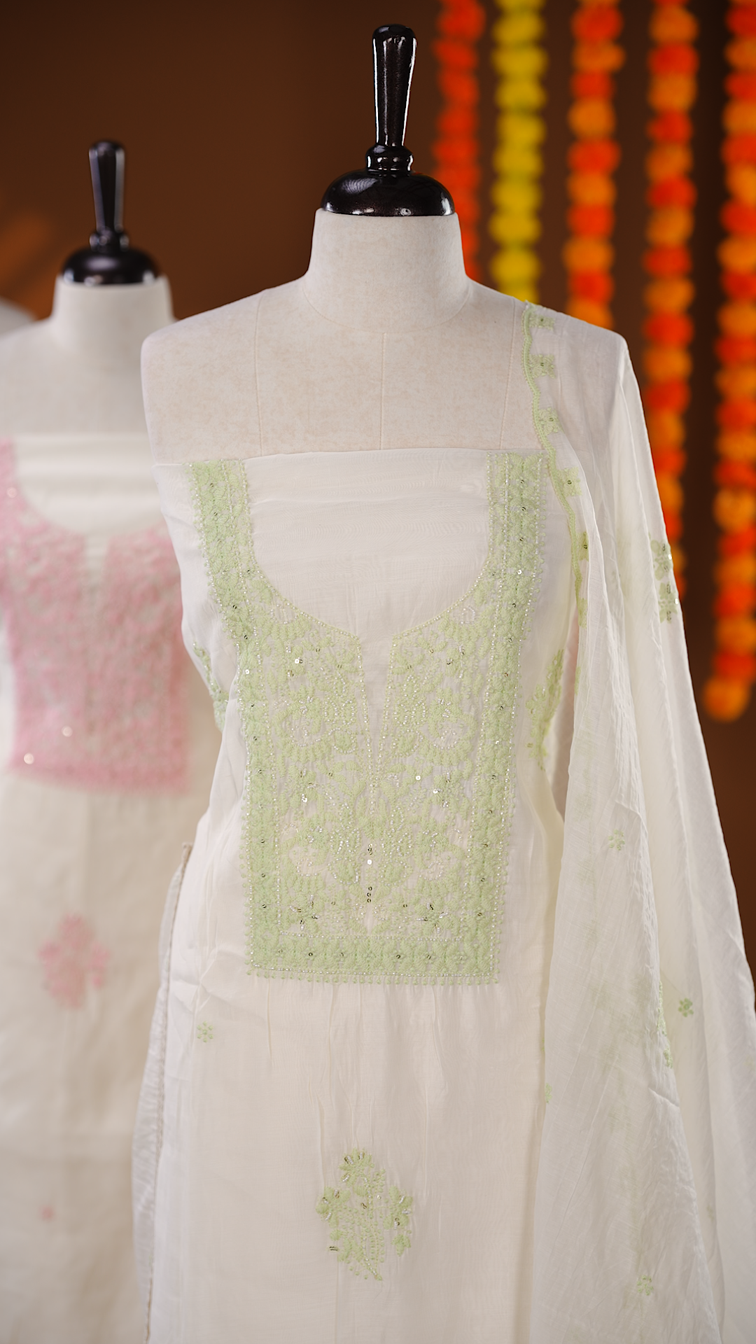 Ivory Colour Mul Chanderi Salwar material featuring Light Green Embroidery & Delicate Bead Work on body, paired with Santon bottom & Embroidery Worked Dupatta With Scallop border.