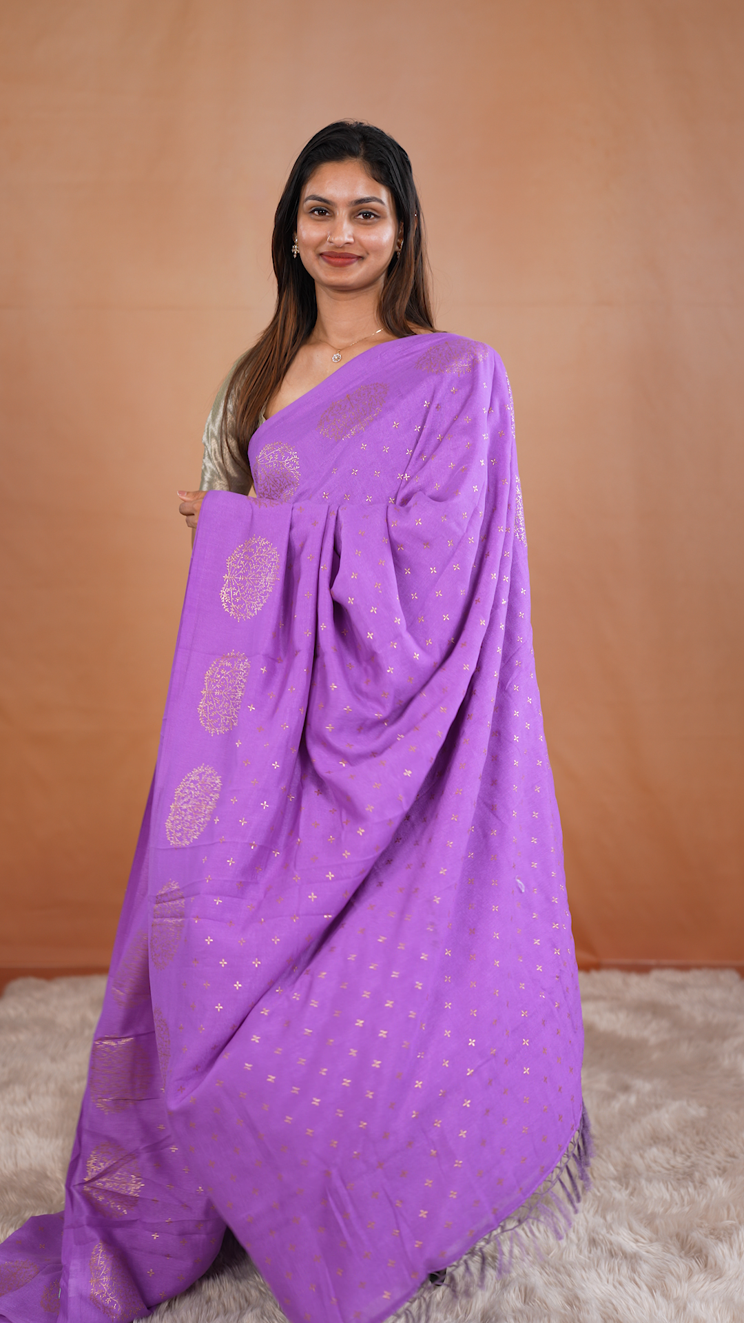 Lavender colour vijithra silk saree featuring small zari details on body, Tree design border.