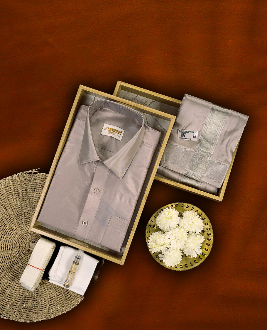 Sand colour Aswin’s wedding set featuring a refined silk shirt and matching dhoti with subtle zari detailing, crafted for timeless elegance and perfect for traditional weddings and festive occasions.