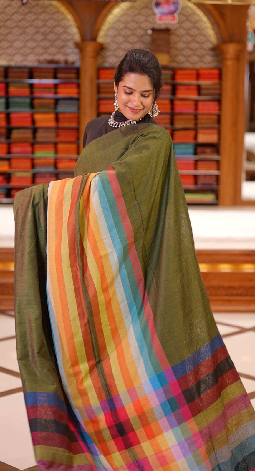 Olive Colour Mul Cotton Saree featuring Multi colour Line pattern on body, enhanced with Multi colour Pallu,