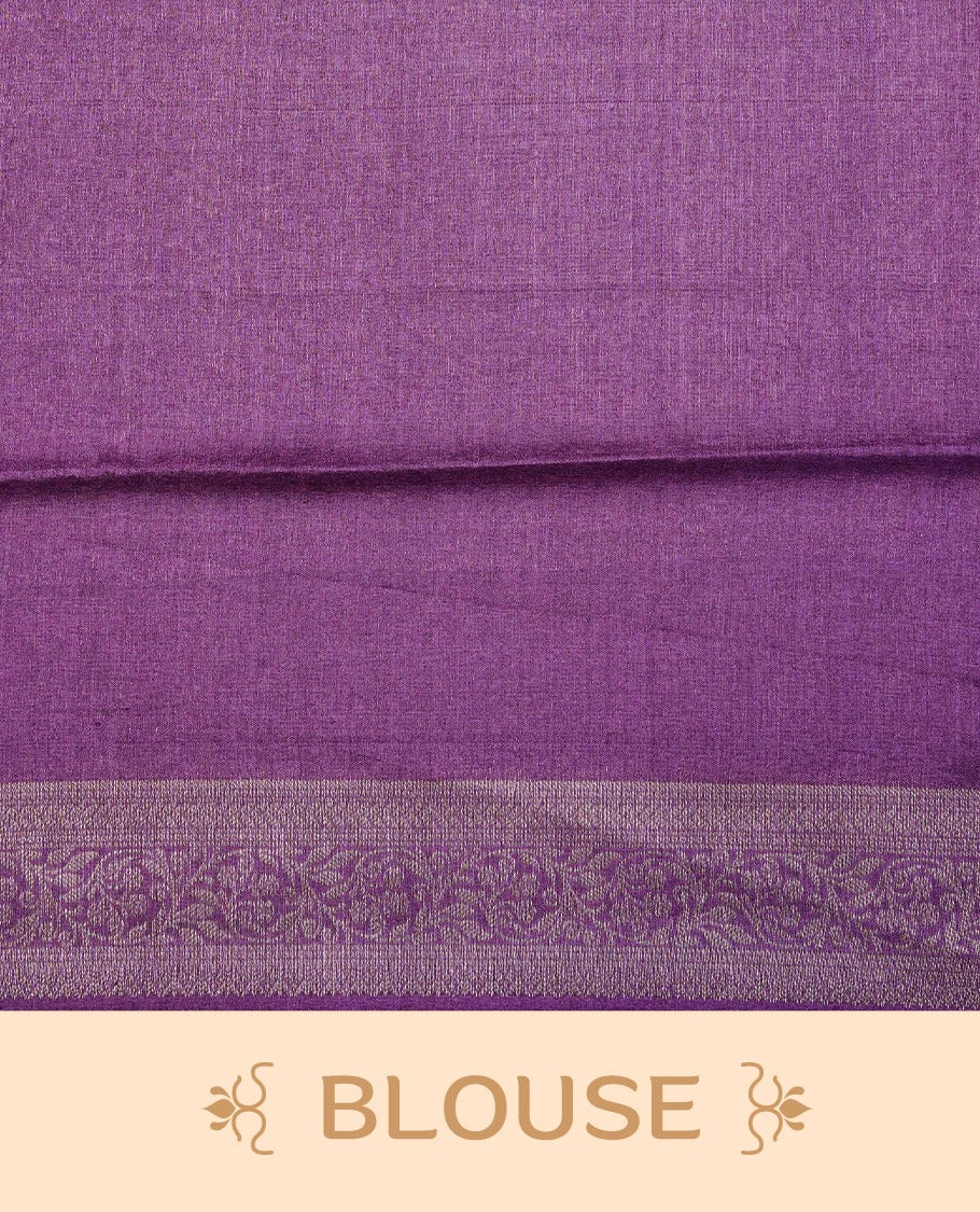 Purple colour Pure tusser silk saree featuring Light Gold Zari floral Kodi Work On Body , A Plain border & Grand pallu ,Paired With a matching blouse piece.