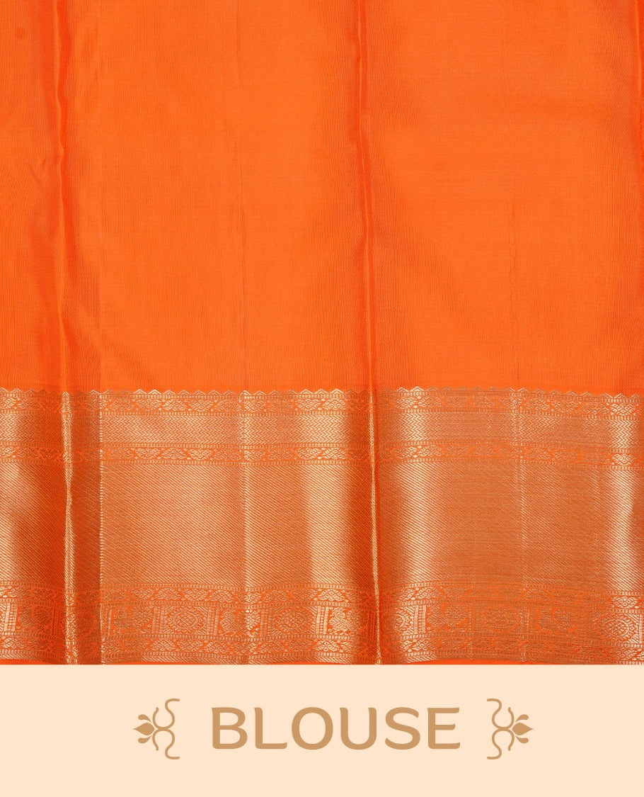 Orange Colour Pure Kancheepuram Silk Saree Featuring Gold Zari Check With Motifs Pattern on the Body, Highlighting a Traditional Gold Zari Border, Paired with a Matching Blouse Piece.