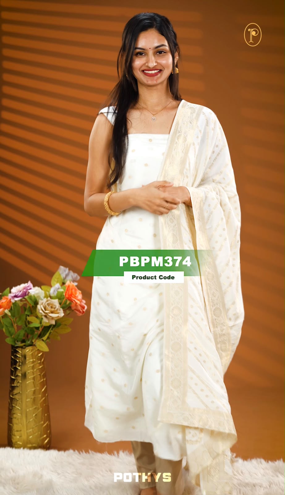 Cream colour Banarasi salwar material featuring Small Buttas Details on body, Same material Dupatta with Strips.