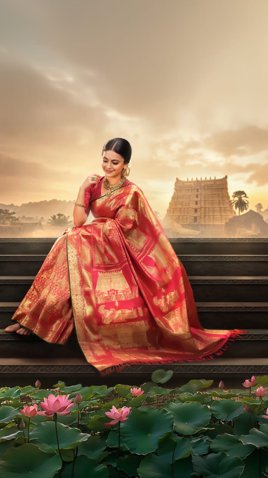 Regal Red Kanchipuram Samudrika Pattu saree with gold zari Padmanabhaswamy Temple East Gopuram weave on border and pallu, featuring Anantha Sayanam motif and blouse. Kanchipuram silk creation by Pothys Kerala, marking 15 years of Pothys Thiruvananthapuram