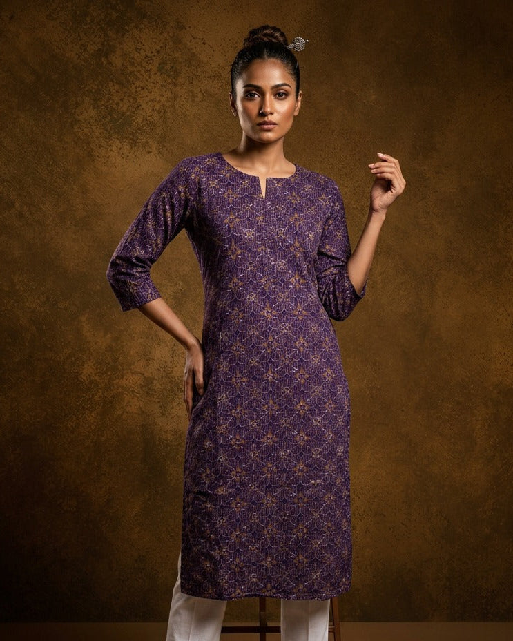 Purple colour Kurti featuring floral print pattern with stripes across, round neckline with split, and sleeves