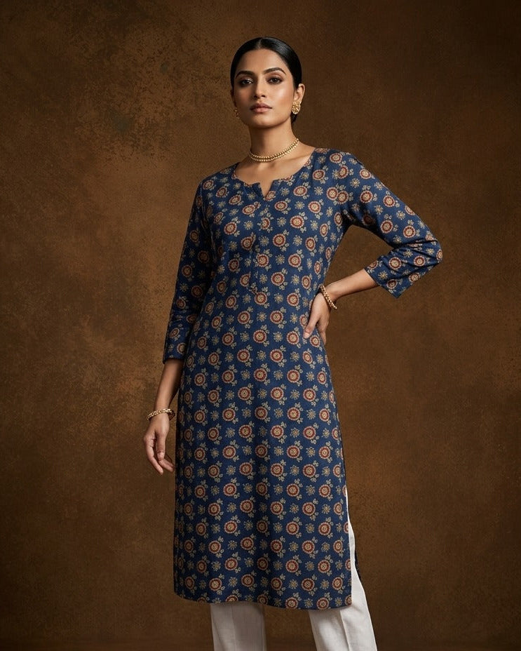 Dark blue colour Kurti featuring multicolour floral print pattern across, round neckline with split, and sleeves