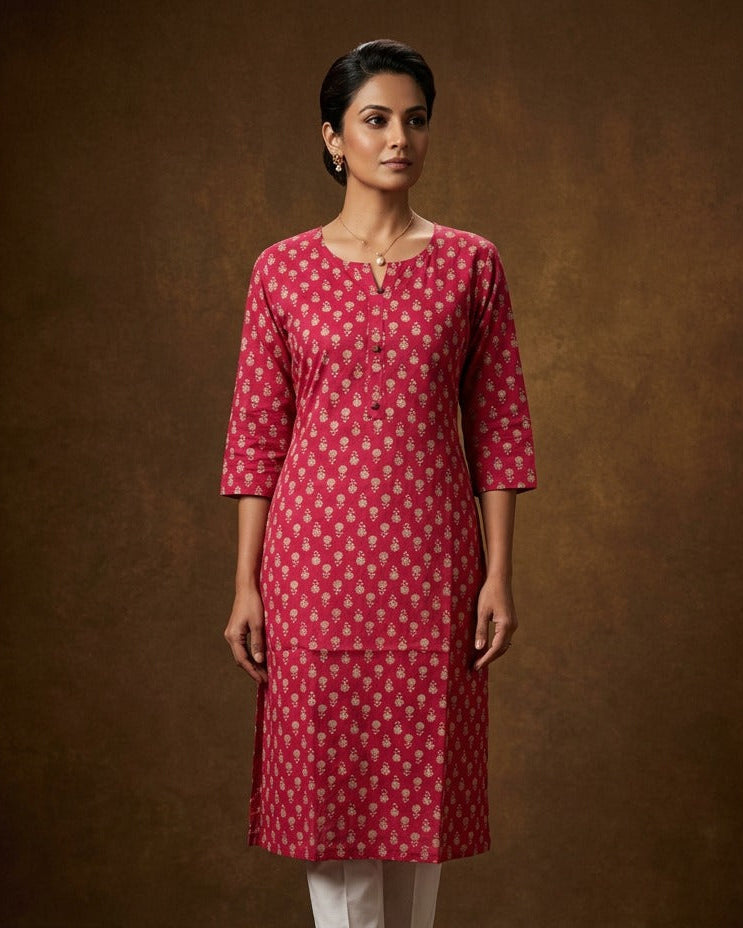 Rani pink colour Kurti featuring floral print pattern across, round neckline with split, and sleeves