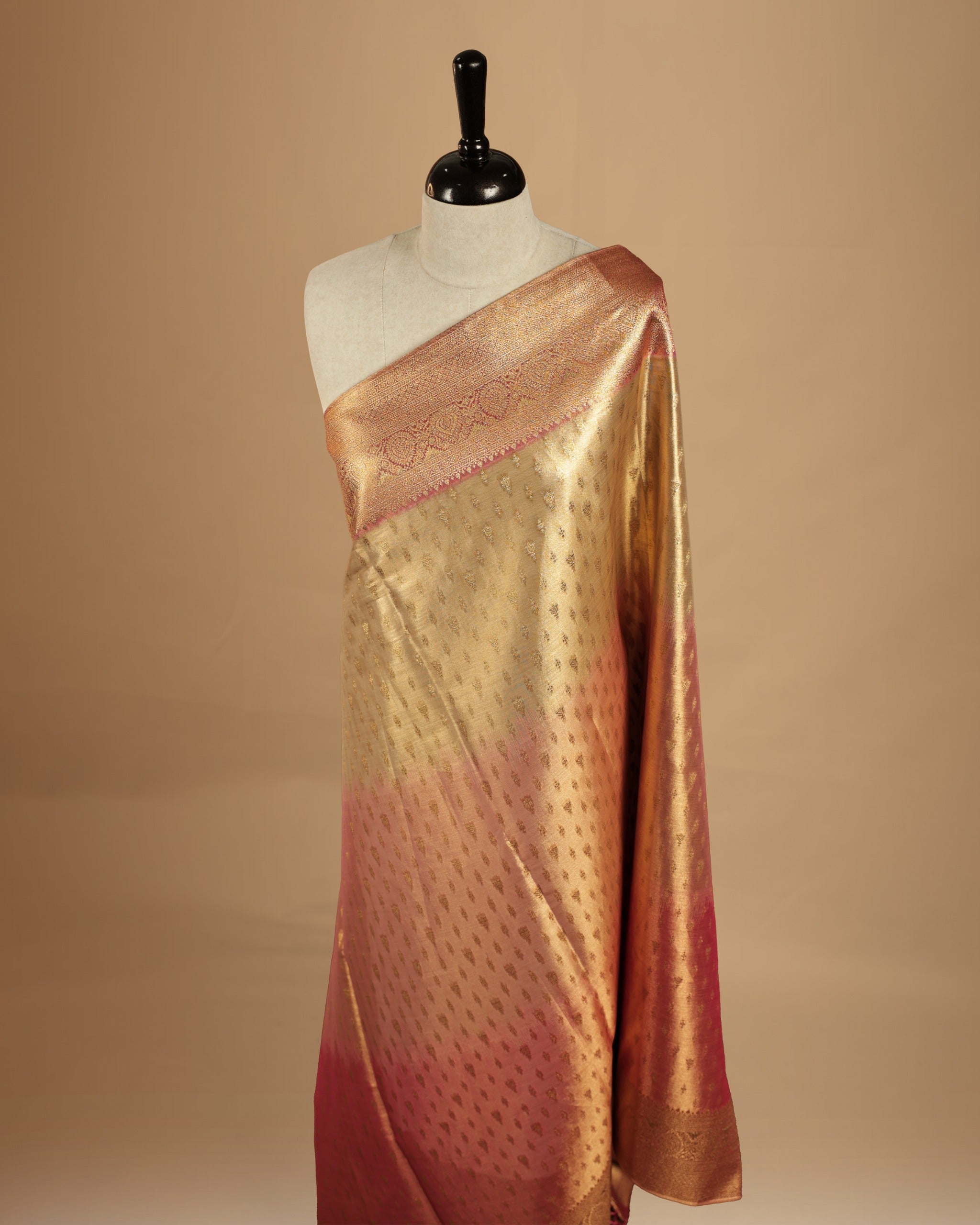 Pink, Light pink, gold triple shade colour semi Tissue silk saree featuring gold zari motifs on body, complemented by gold zari traditional border, paired with matching blouse piece.