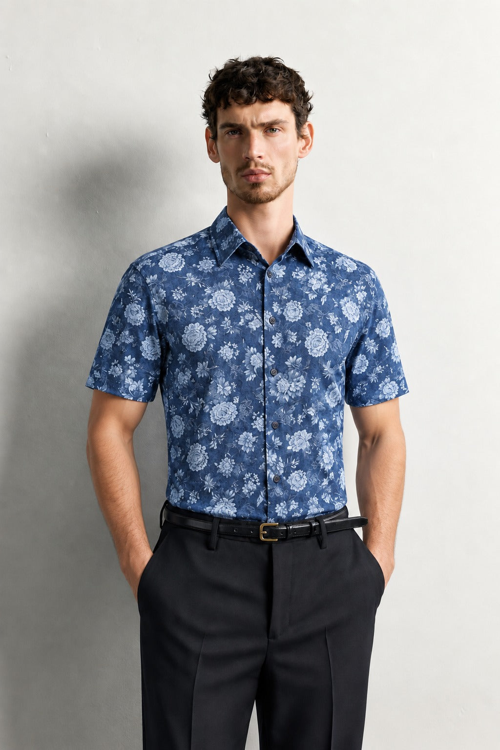 Blue colour shirt White colour Floral pattern body, Half sleeve.