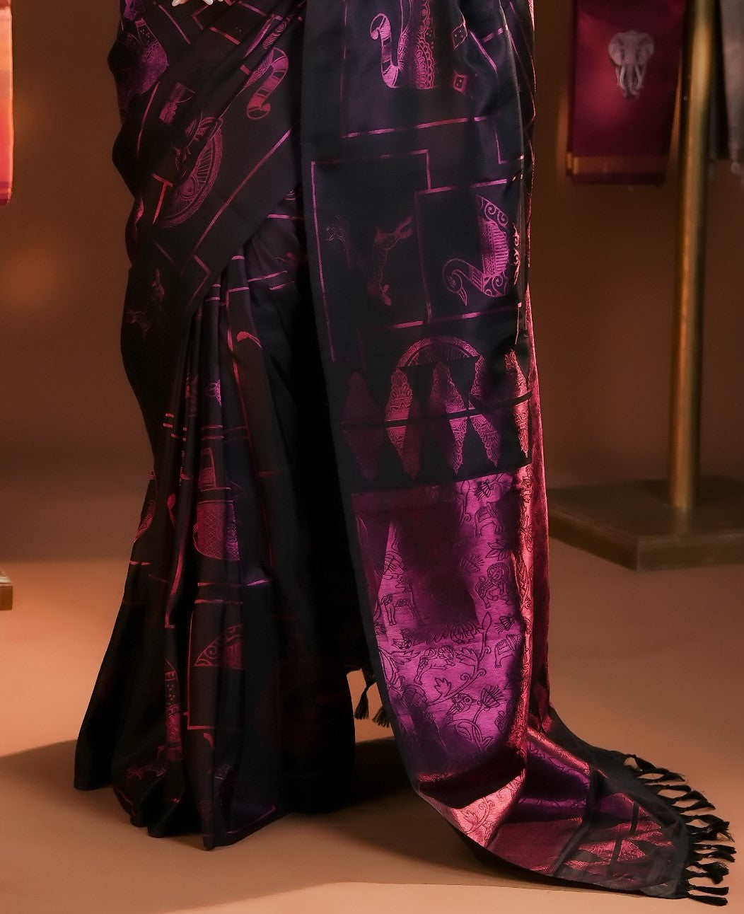 Pink & Black Traditional Kancheepuram Saree featuring metallic zari Elephant, Dove & Peacock motifs in box patterns, with a reversible design offering 2 standing looks and 4 unique pallus, paired with a matching blouse piece.