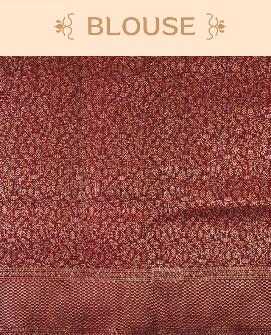 Wine Maroon Pure Handloom Kancheepuram Samudrika Pattu Saree featuring Mughal-inspired Meenakari patterns on the body, a tissue-turning pallu, and a matching blouse piece.