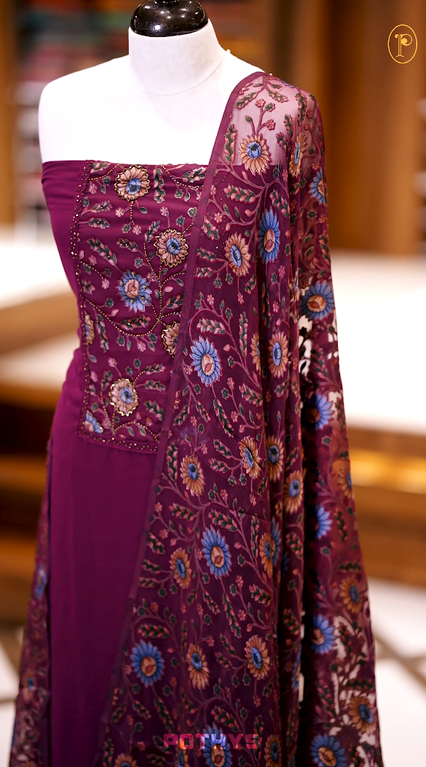 Wine Colour Chiffon partywear churidhar material featuring floral digital print