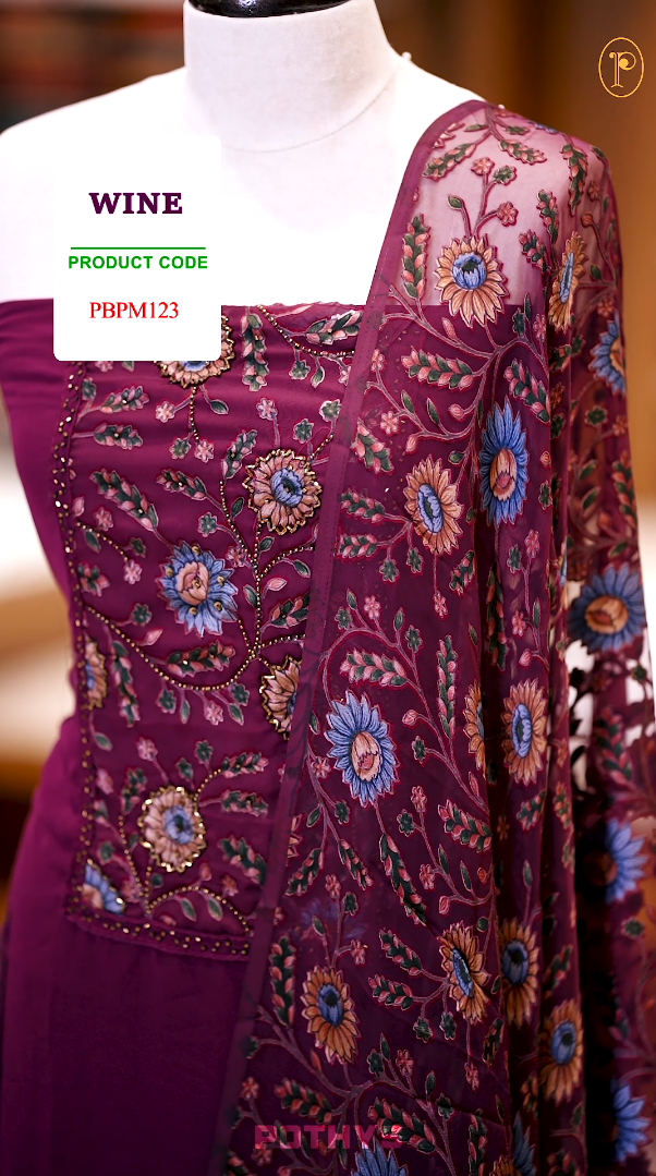 Wine Colour Chiffon partywear churidhar material featuring floral digital print