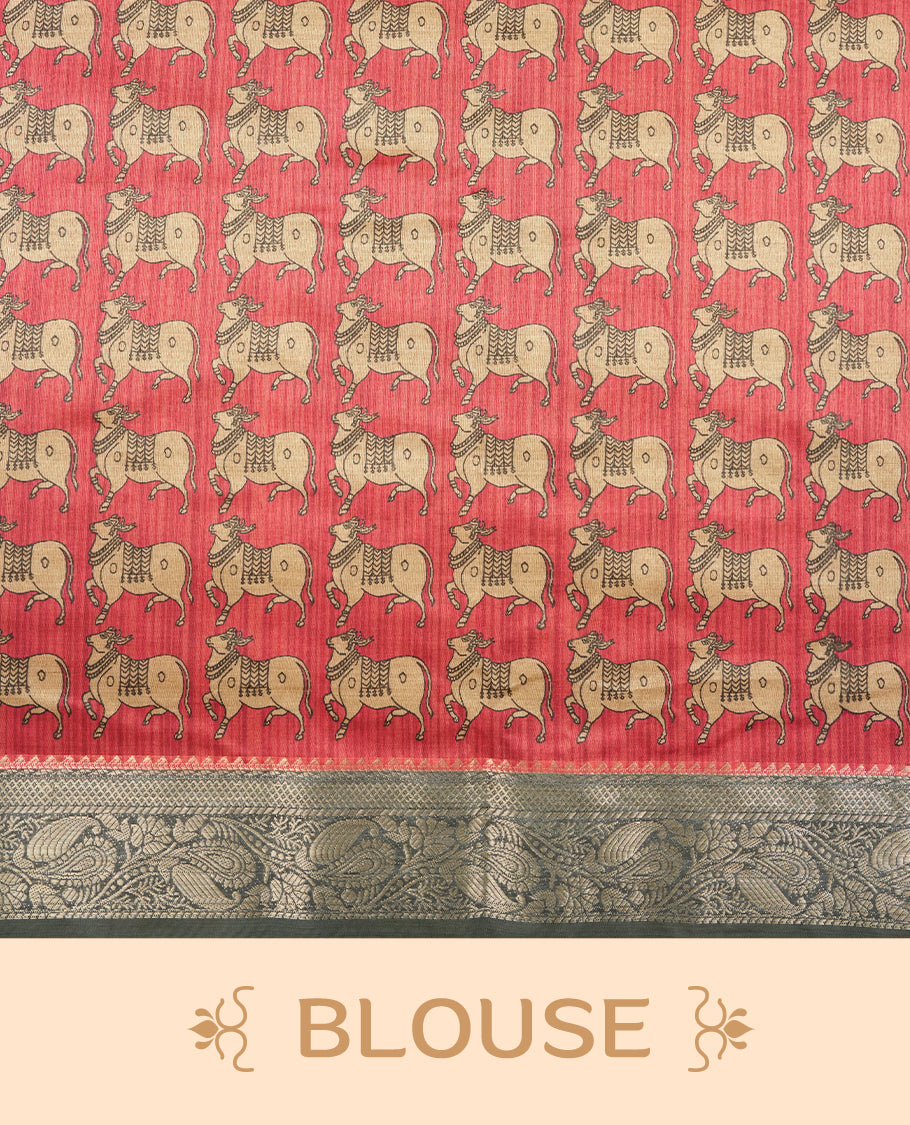 Ash & peach colour Dolla silk saree featuring a striped body with a matching golden zari border, The pallu showcases exquisite Kalamkari prints, complemented by a contrast printed blouse.