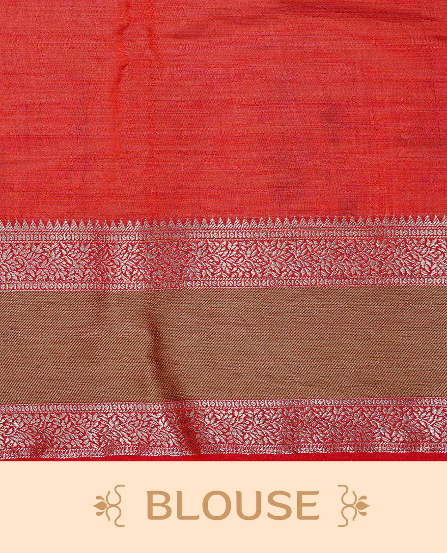 Cream colour semi Tussar silk saree featuring Elegant body, Complemented by contrast Red with rich zari detailed for onam special, paired with contrast Blouse for Festive look.