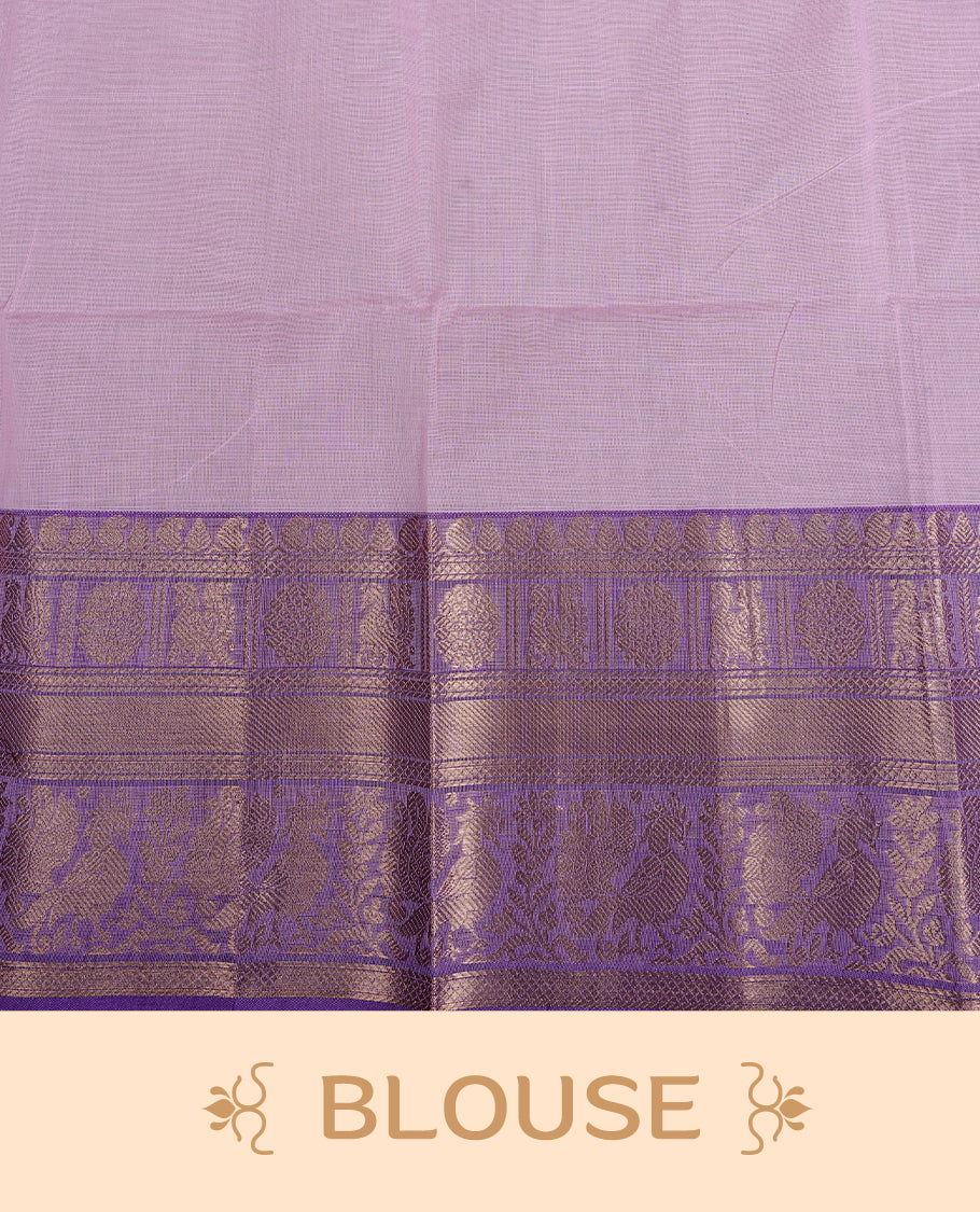 Pink colour chettinad cotton saree featuring gold zari stripes on body, complemented by Purple border, paired with matching blouse piece.