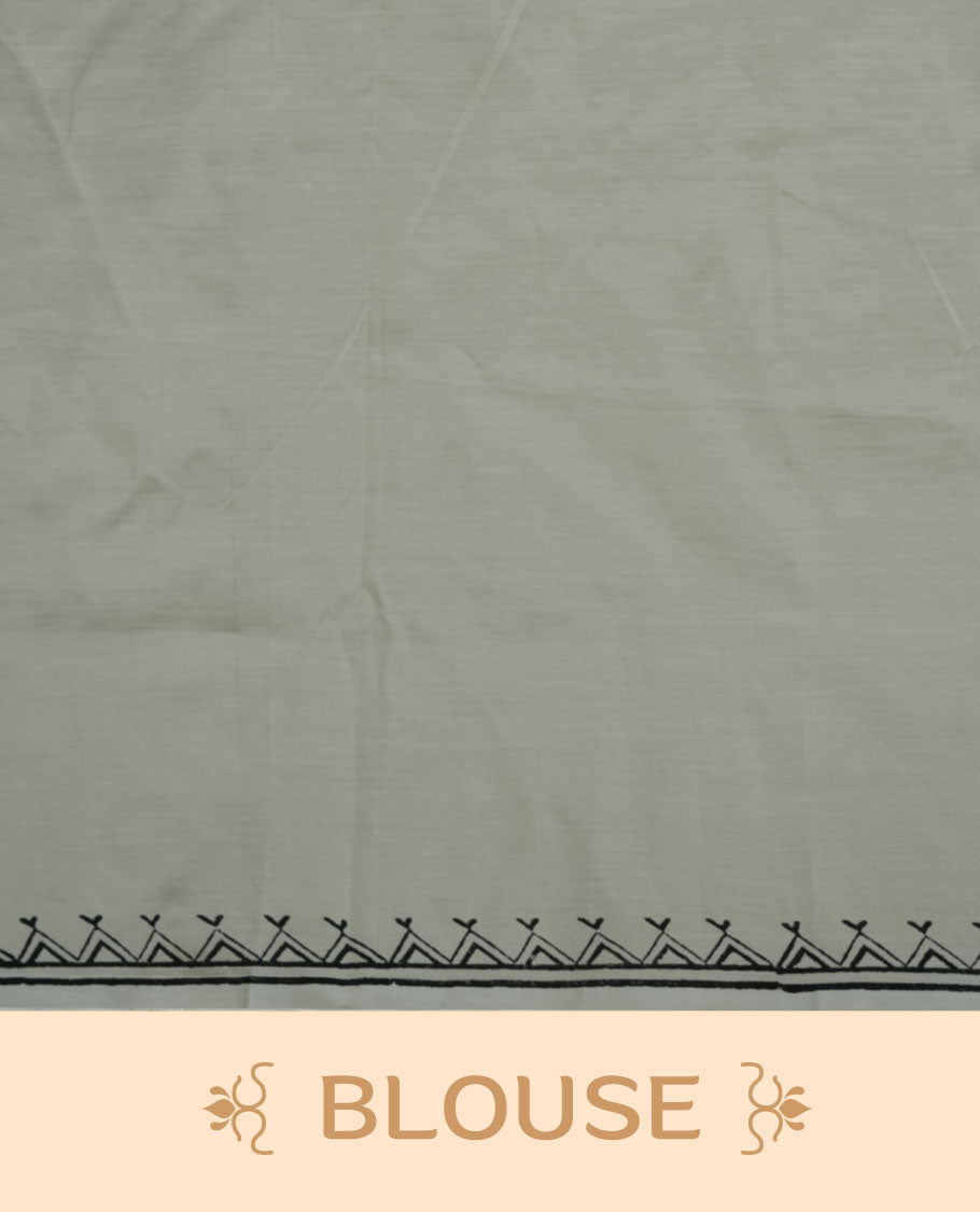 Cream colour poly cotton saree featuring Family tree printed body, without border, comes with Double blouse option and running blouse piece