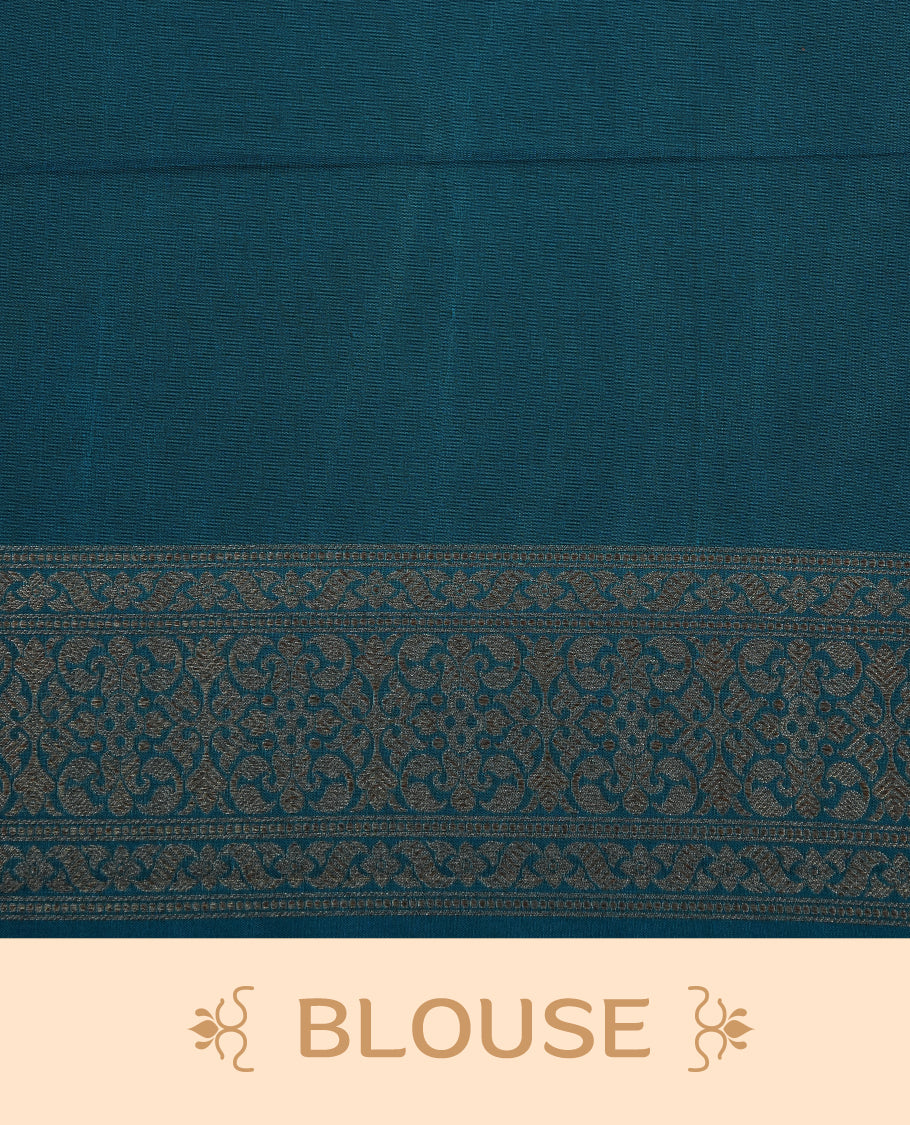 Teal Colour Semi Banarasi Katan Silk Saree with Gold Zari Buti Motifs, Traditional Gold Floral Pallu, Elaborate Woven Border, Decorative Tassels with Matching Blouse
