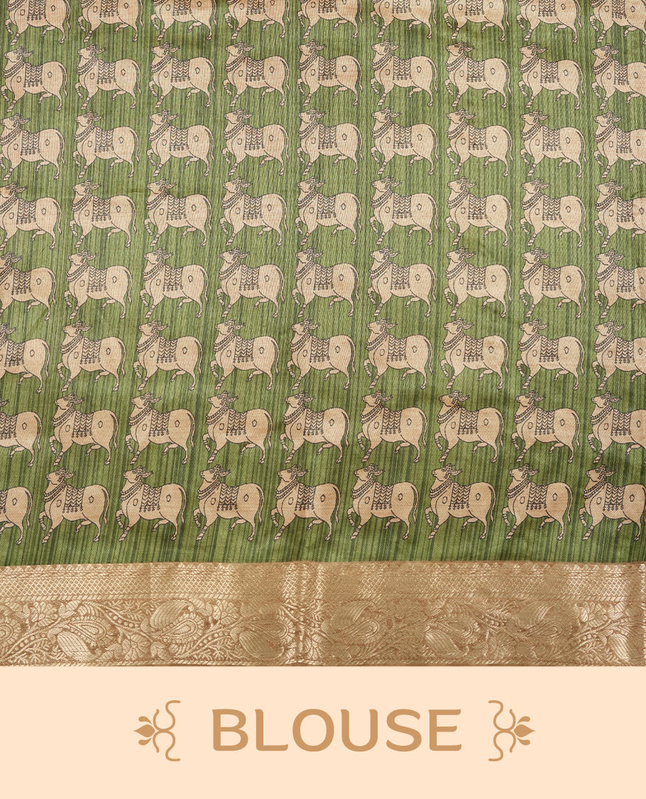 Chikku & green colour Dolla silk saree featuring a striped body with a matching golden zari border, The pallu showcases exquisite Kalamkari prints, complemented by a contrast printed blouse.