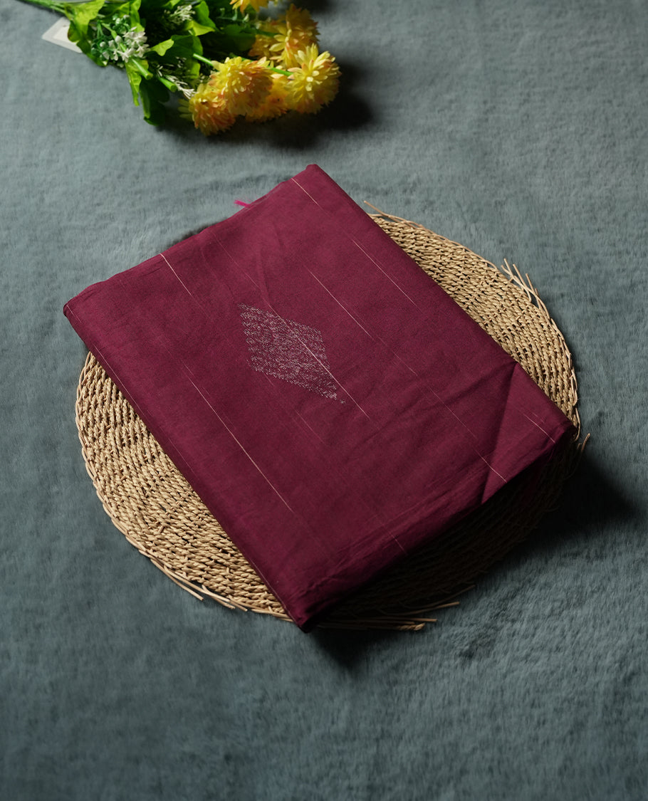 Deep Maroon Cotton Saree with Silver Zari Diamond Butta Body, Featuring Multi-Striped Zari Border Pallu in Maroon and Coral/Orange Tones with Silver Accent Stripes, Paired with Matching Coral/Orange Plain Blouse Piece