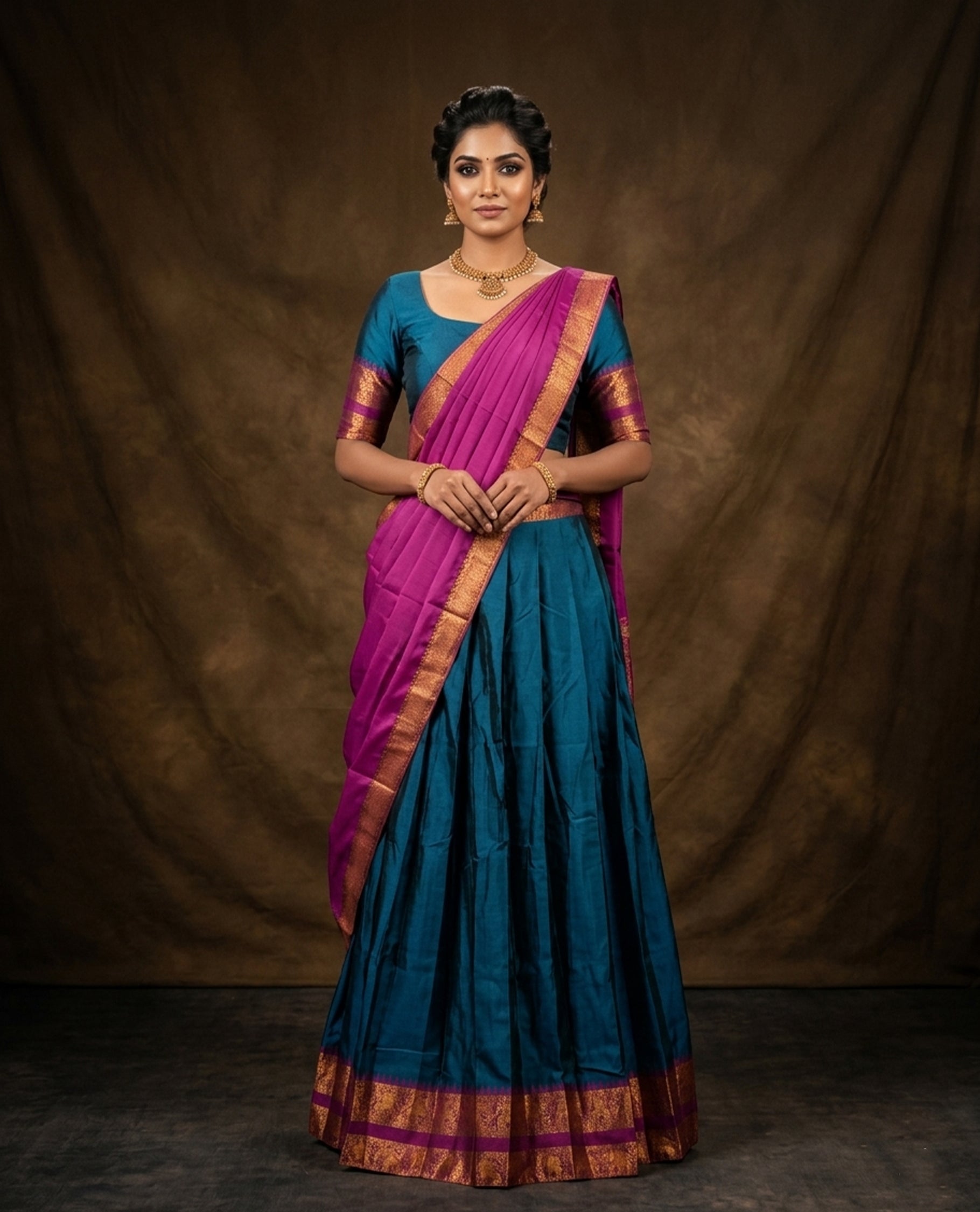 Teal colour semi stitched Half saree featuring contrast Magenta colour with gold zari traditional border skirt, paired with matching zari border dupatta, unstitched blouse piece