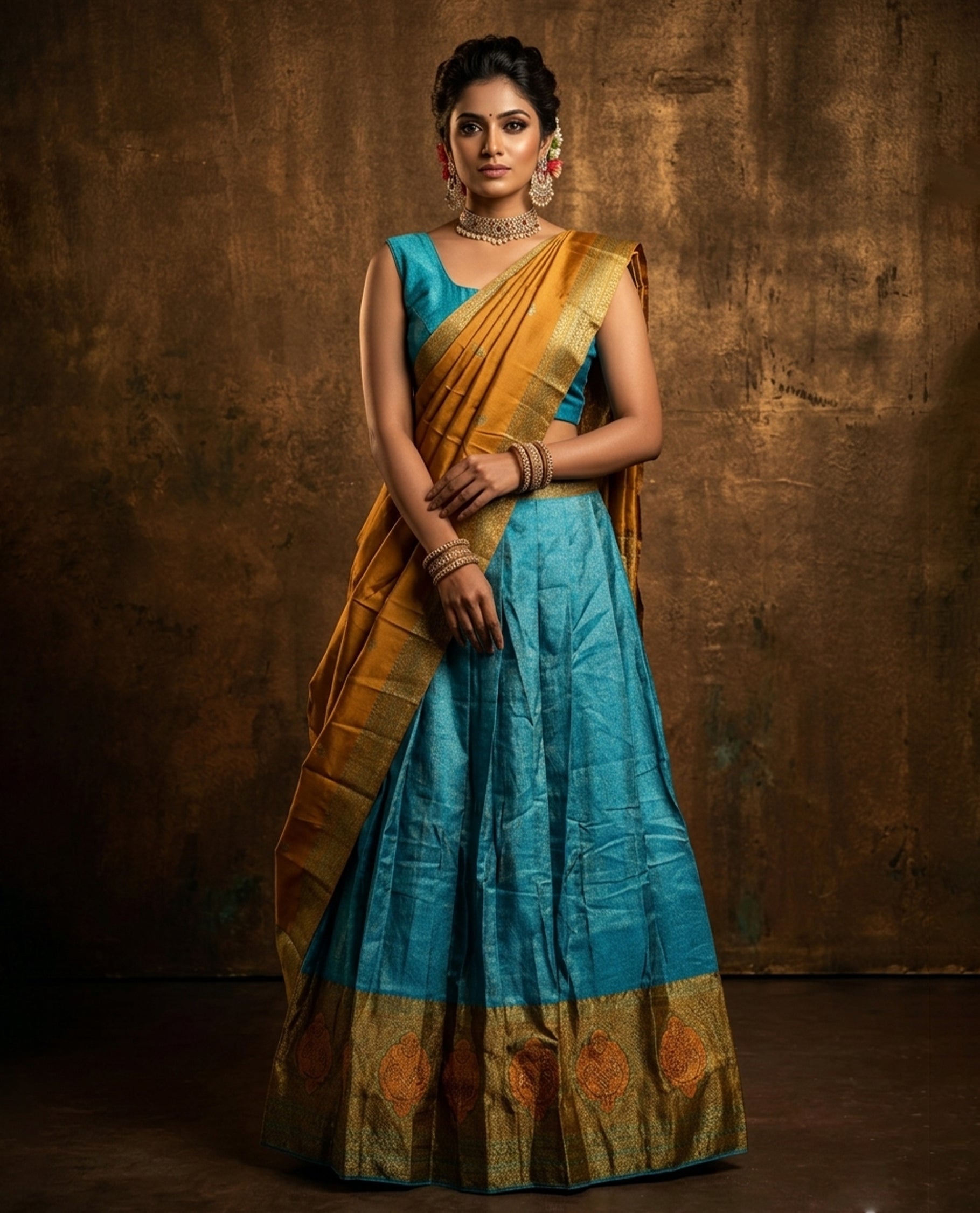 Blue colour Half saree featuring a blue colour skirt with contrast mustrad colour border with zari pattern,stone work, paired with matching dupatta, stitched blouse.