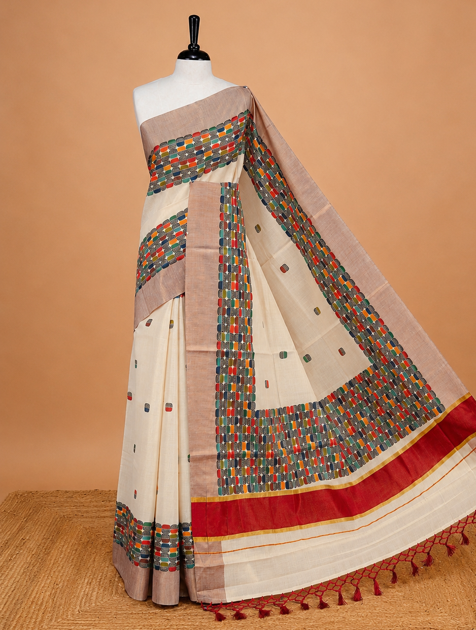 Cream Colour Tissue Kerala Saree Featuring Classy Multi Colour Box Pattern On Body, Styled By BrickRed & Gold Zari Border And Pallu, Comes With Matching Blouse Piece.