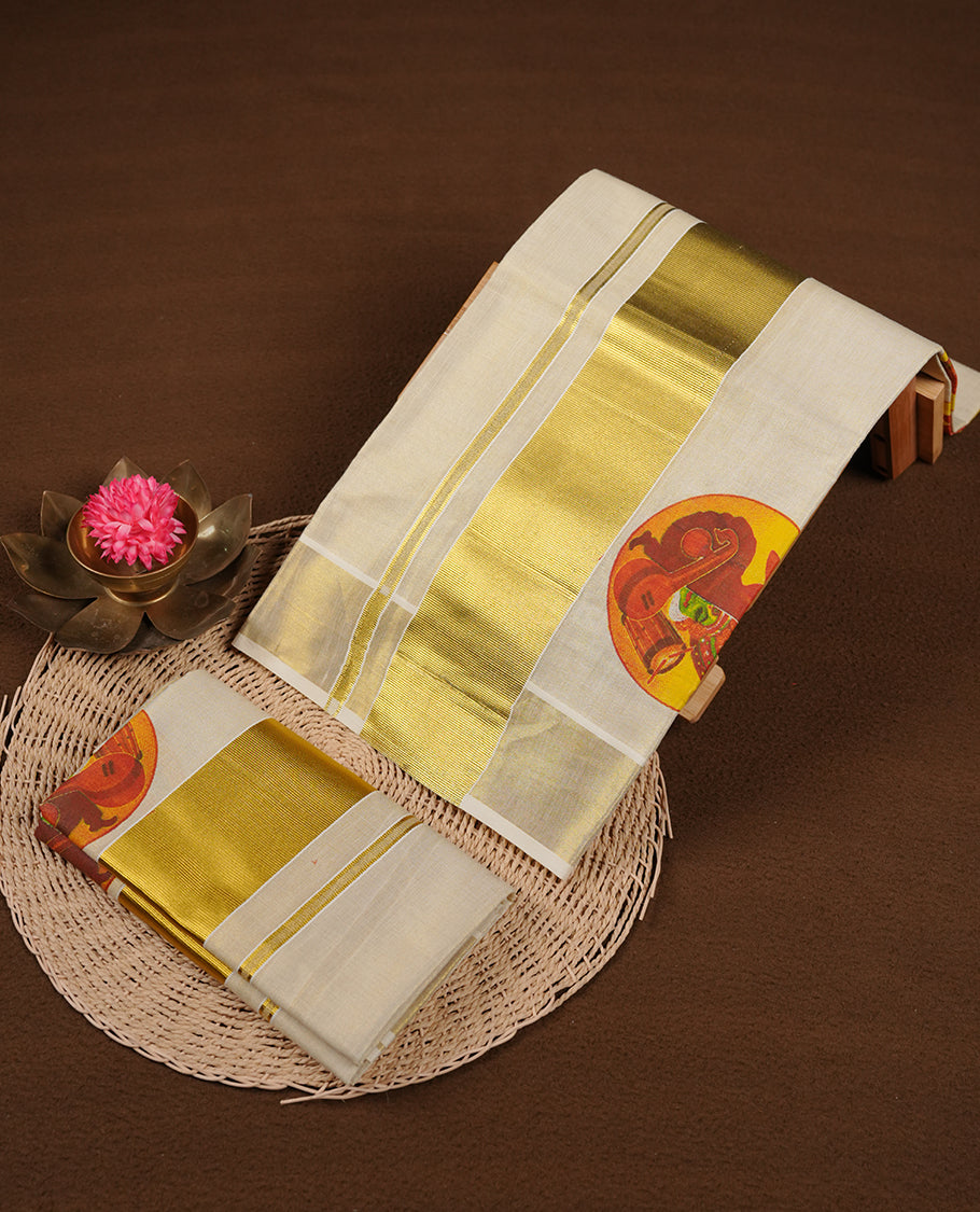 Light gold colour tissue set mundu highlights gold zari border featuring Indian art form print across border (2.00/2.80 MTS).