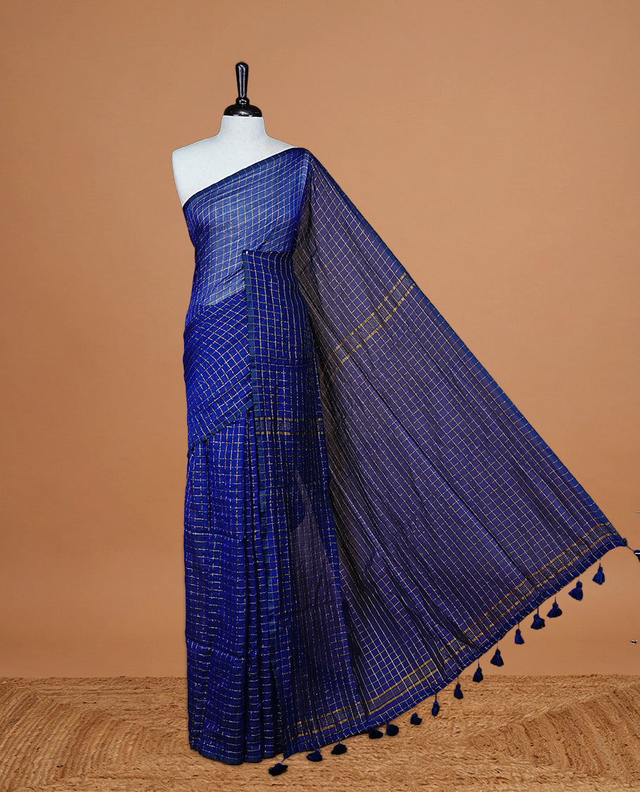 Blue Colour Mul Cotton saree featuring Traditional Gold zari check pattern on body, Tassel finished pallu.