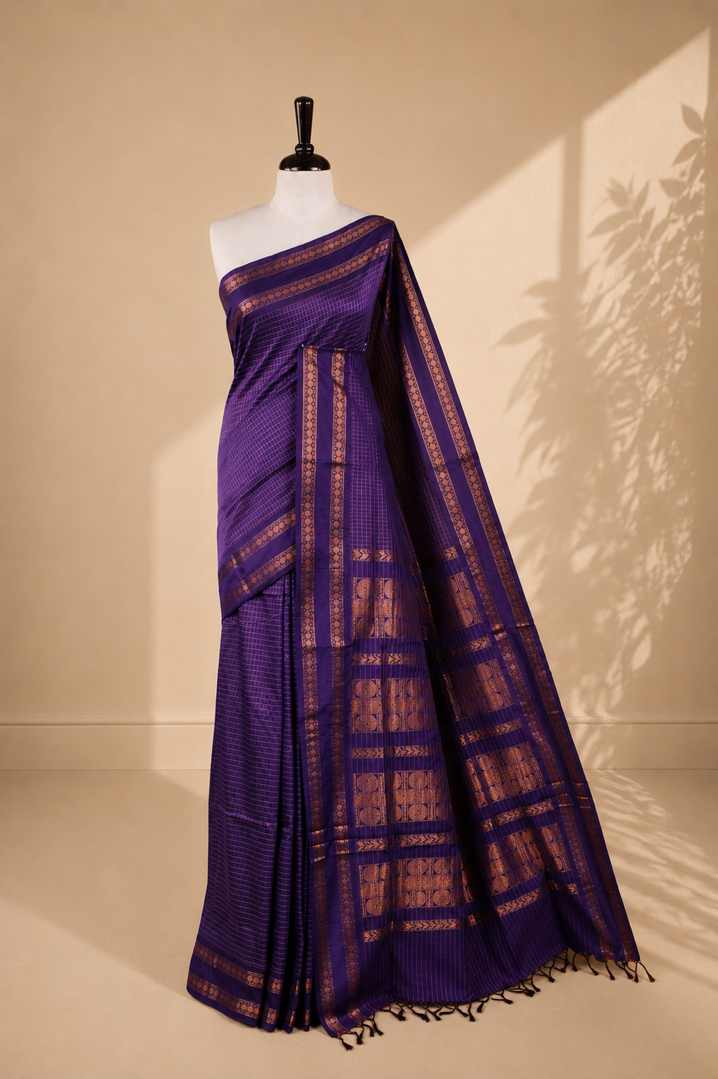 Navy blue colour kalyani cotton saree featuring gold zari strip pattern on body, complemented by self colour with Antique zari border, paired with matching blouse piece.