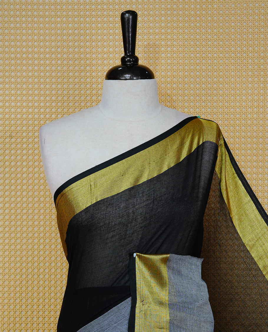 Black with Grey Dual colour Mul cotton saree featuring Half & Half Dual Tone Plain Body, Complemented by Gold tissue Border & pallu.
