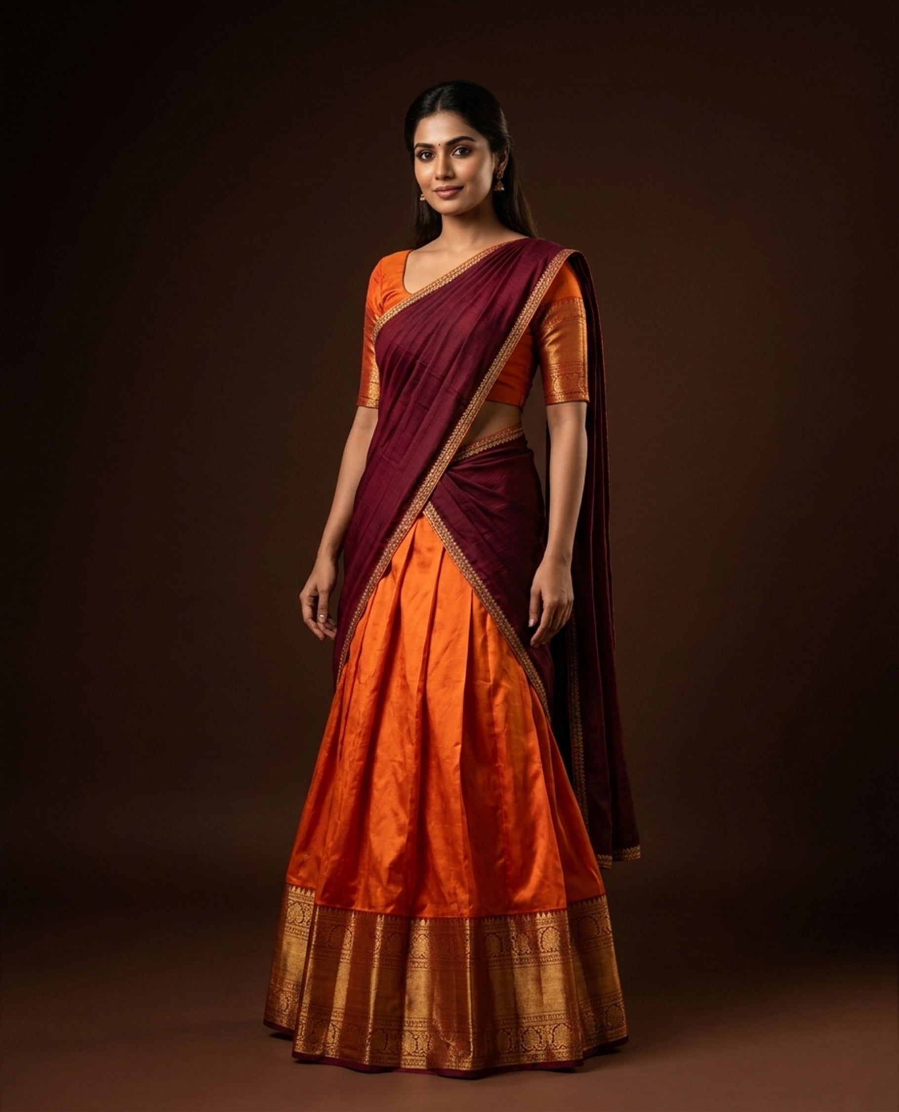 Rust orange colour semi stitched Half saree featuring contrast Maroon colour with gold zari traditional border skirt, paired with matching zari border dupatta, unstitched blouse piece
