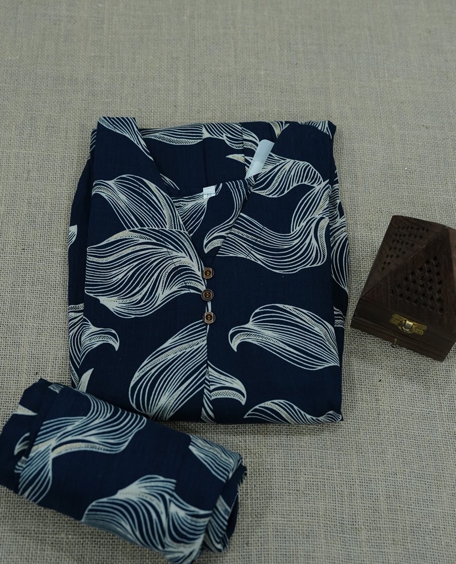 Navy blue colour coord set featuring bold abstract white prints and front button detailing.