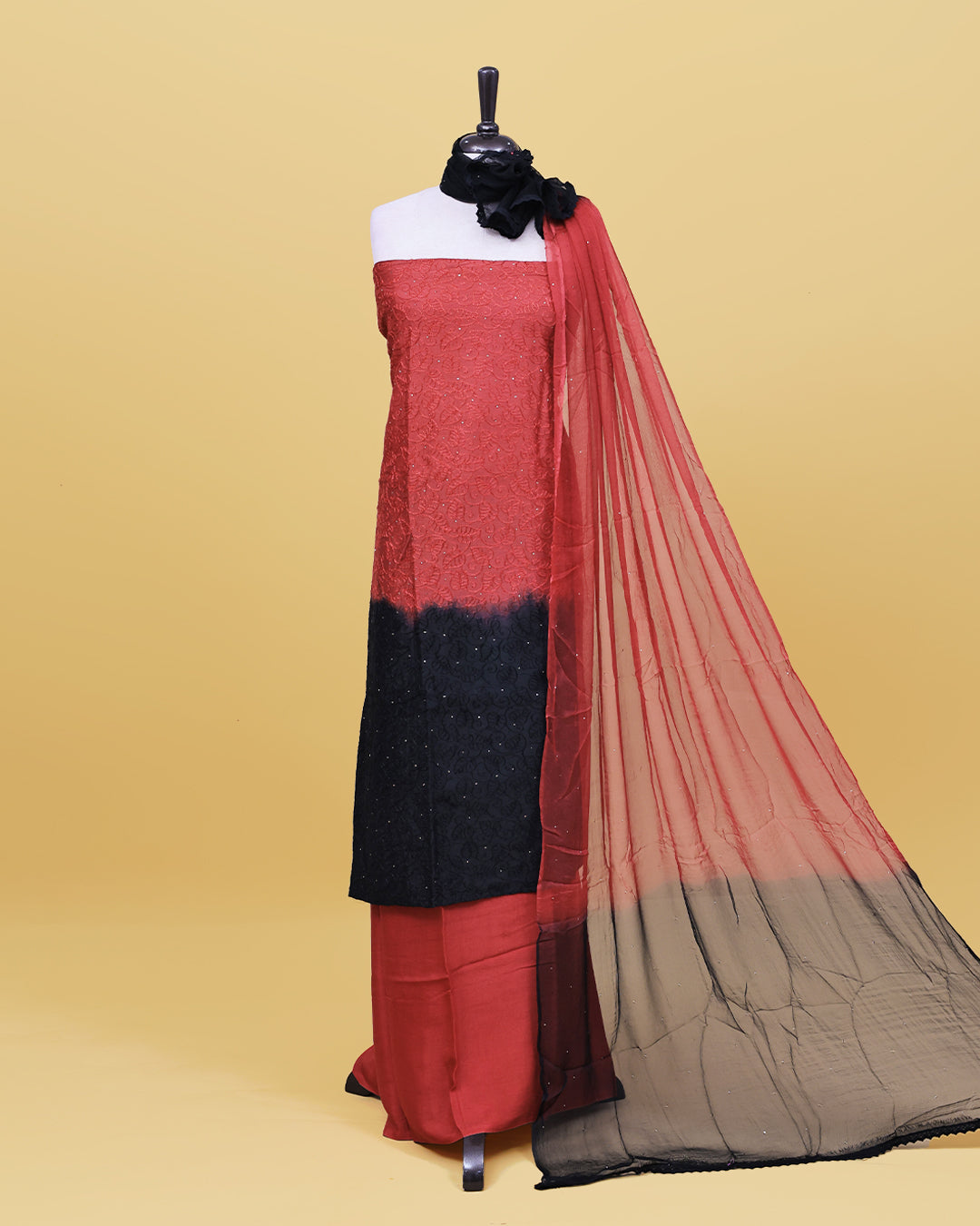 Maroon & black half dye design colour Salwar material with thread pattern on body, matching bottom & Dupatta.