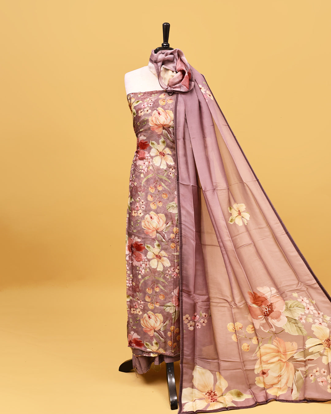 Purple grey colour Organza Salwar material with Floral print work on body, matching bottom & Dupatta.