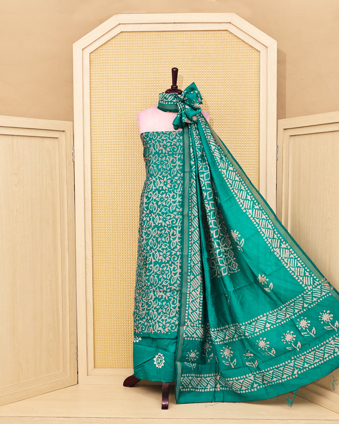 Teal Colour chanderi salwar material with printed Kurta An a matching dupatta, perfect for everyday elegance.