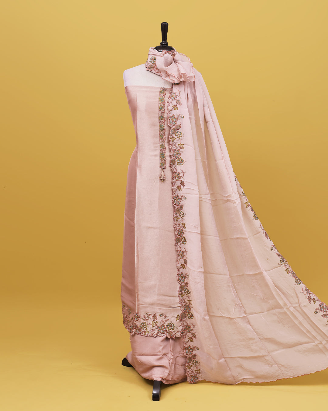 Pastel Pink colour Organza Salwar material with Thread work on body, matching bottom & Dupatta.