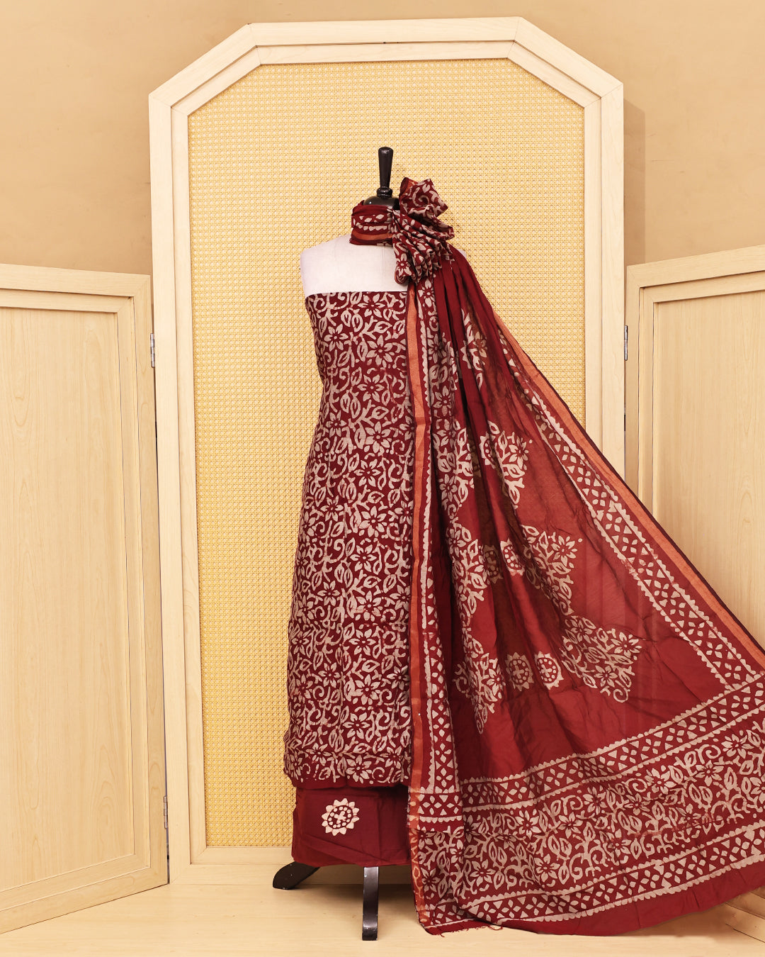 Maroon colour chanderi Salwar material Floral print on body, paired with matching bottom & Dupatta.