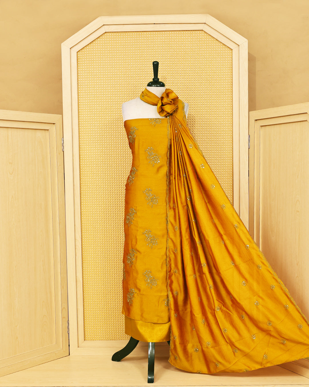 Mustard Yellow colour Vijitra silk Salwar Material featuring embroidery work on kurta ,matching bottom and embellished dupatta.