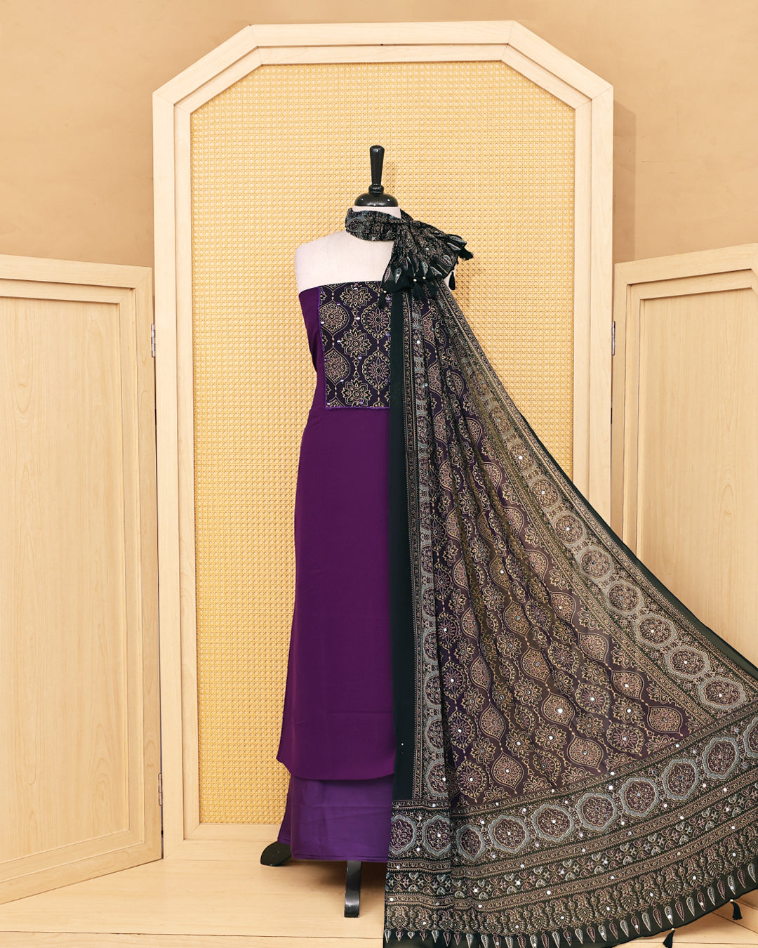 Violet colour Georgette Salwar material featuring Mirror with Design print work on body, paired with matching bottom & Dupatta.